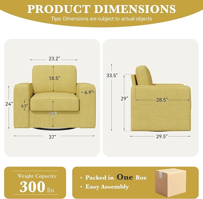 36'' Width 360 Rotation Swivel Accent Chair, Extra Wide Armrests Mid-Century Modern Armchair 1 pcs for Living Room, Bedroom, Office-Yellow
