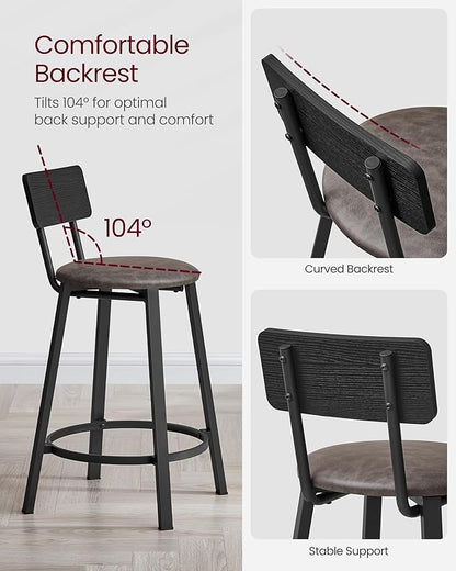 VASAGLE Bar Stools, Set of 2 PU Upholstered Breakfast Stools, 29.7-Inch Barstools with Back and Footrest, Simple Assembly, for Dining Room Kitchen Counter, Classic Black and Coffee Brown ULBC059B82