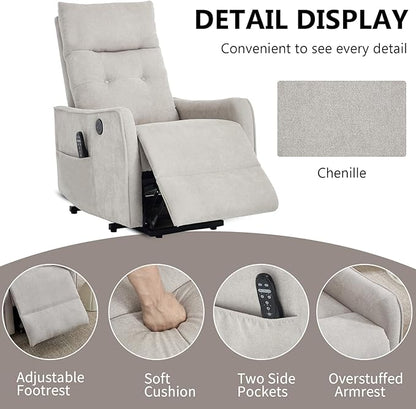 PELUMY Manual Lift Recliner Chair with Massage and Heat for Elderly, Single Motor Electric Lift Chair, Heavy Duty Recliner with USB Charging & Side Pockets (Chenille, Beige)