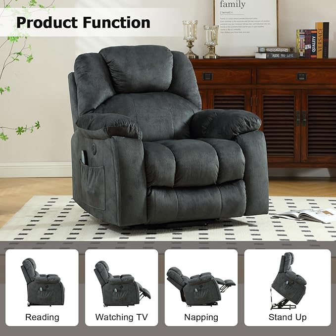 CANMOV Large Power Lift Recliner with Massage and Heat for Elderly, Heavy Duty Lift Recliner for Seniors with USB Port, 2 Hidden Cup Holders (Dark Grey)