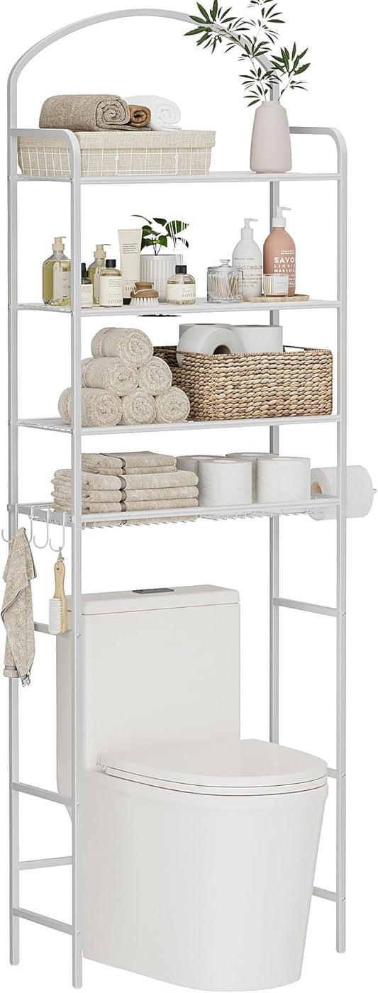 4-Tier Over The Toilet Storage, Bathroom Organizer, Space-Saving, Above Toilet Storage Rack with 4 Hooks and Paper Holder, Metal Shelf, White