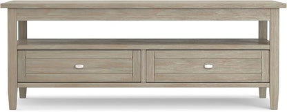 SIMPLIHOME Warm Shaker Coffee Table - 48 inch Wide Solid Wood Cocktail Table in Distressed Grey, Transitional Living Room Table with 2 Storage Drawers and Open Shelf for Sitting Area or Lounge