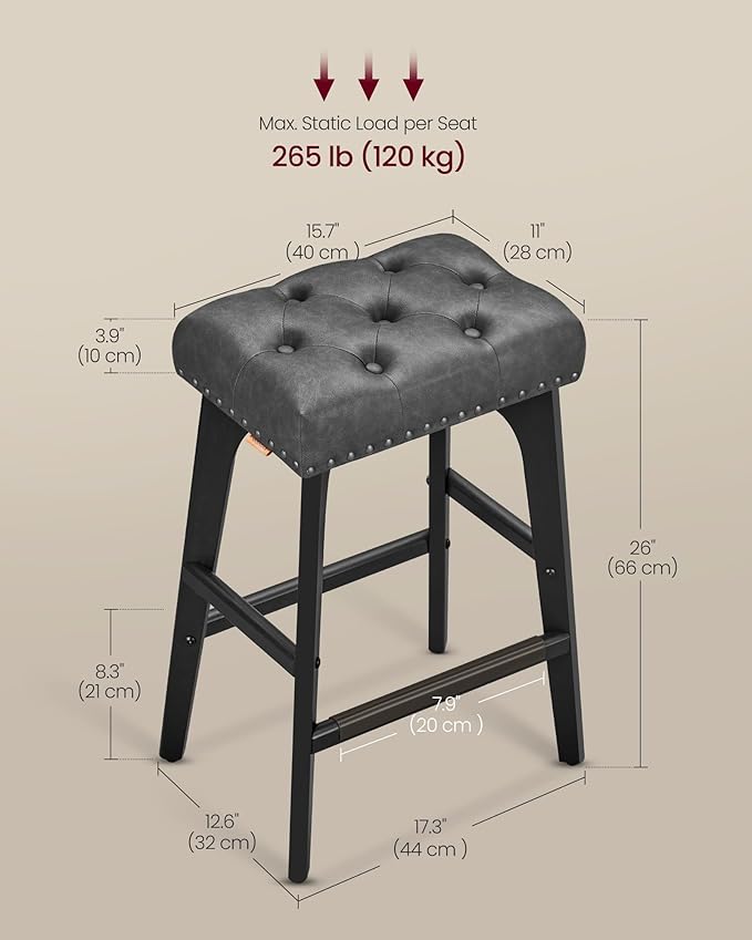 VASAGLE Bar Stools Set of 2, Saddle Counter Height Bar Stools, 26-Inch Backless Kitchen Stools with Wood Legs, PU Leather Thickened Upholstered Barstools for Kitchen Island Dining Room, Ink Black