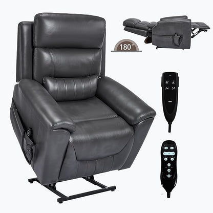 PELUMY Power Lift Recliner Chair for Elderly with Massage and Heat, Dual Motor Heavy Duty 350lbs Recliner, 8-Point Vibration & Lumbar Heating, Electric Lift Chair (Breathable Leather, Dark Grey)