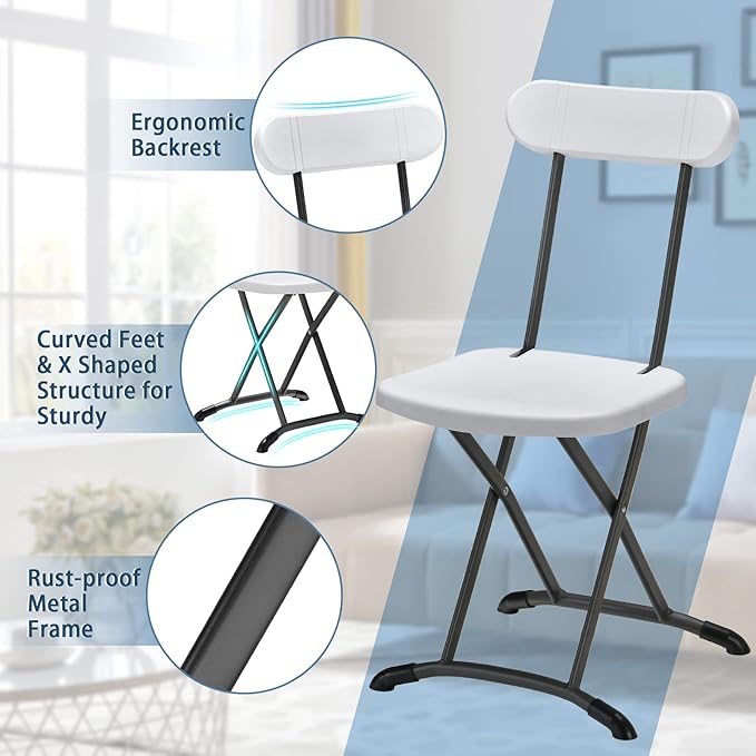 GYMAX Folding Chair, 400lbs Plastic Chairs Set with Steel Frame & Ergonomic Curved Back, Indoor & Outdoor Commercial Event Seat for Meeting, Wedding, Stackable Lightweight Folding Chairs (2, White)