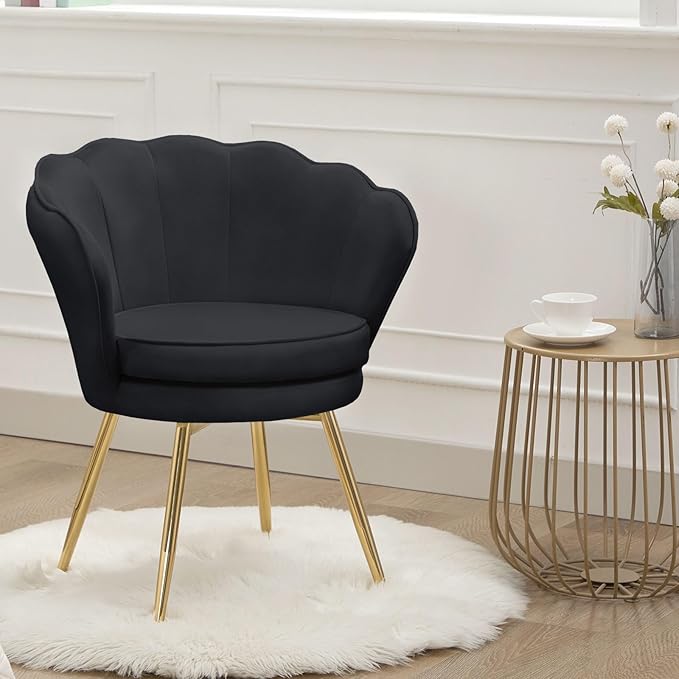 Velvet Vanity Chair with Back, Mid-Century Modern Small Accent Chair for Living Room, Golden Metal Legs Upholstered Makeup Chair, 1Pcs Bedroom Armchair, Black