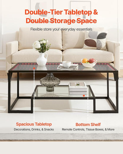 VEVOR Coffee Table, Modern Tempered Glass Coffee Table with Lighting, 2 Tiers Rectangle Glass Center Desk with Open Storage, Minimalist Metal Accent End Desk for Living Room, Office, Easy Assembly