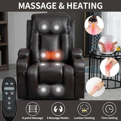 PELUMY Manual Lift Recliner Chair for Elderly with Massage & Heat, Oversized Heavy Duty 350 lbs Recliner with Cup Holders & USB Ports, Infinite Positioning Lift Chair (Breathable Leather, Dark Brown)