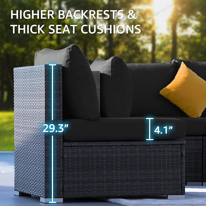 NICESOUL 9 Piece Extra Large Outdoor Patio Furniture Conversation Set with Fire Pit Natural Gas/Propane, 29.3'' High Back Modular Deep Seat Sectional Sofa Set for Outside, 2 Color Cushion Black&Gray