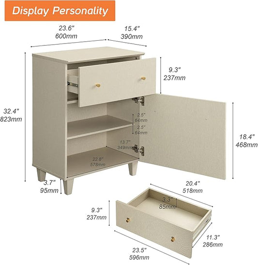 WAMPAT Storage Cabinet for Living Room, 32.4" H Freestanding Wood Accent Cabinets Floor Cupboard with Drawer, Door, and Adjustable Shelf for Dining Room, Kitchen, Entryway, Beige Linen Texture Finish