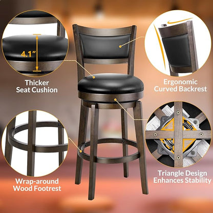 PrimeZone Swivel Bar Stools Set of 2, 26 Inch Counter Height Barstools, Black Faux Leather Bar Stool with High Backrest & Solid Wood Legs & Wrap-around Footrest, Counter Stools for Kitchen Island, Pub