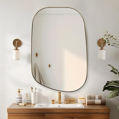 ANDY STAR Gold Bathroom Mirror, 22"x30" Brushed Brass Asymmetrical Wall Mirror in Stainless Steel Metal Frame, Unique Vanity Mirror with Modern Curved Design, Ideal for Bathroom, Bedroom, Entryway