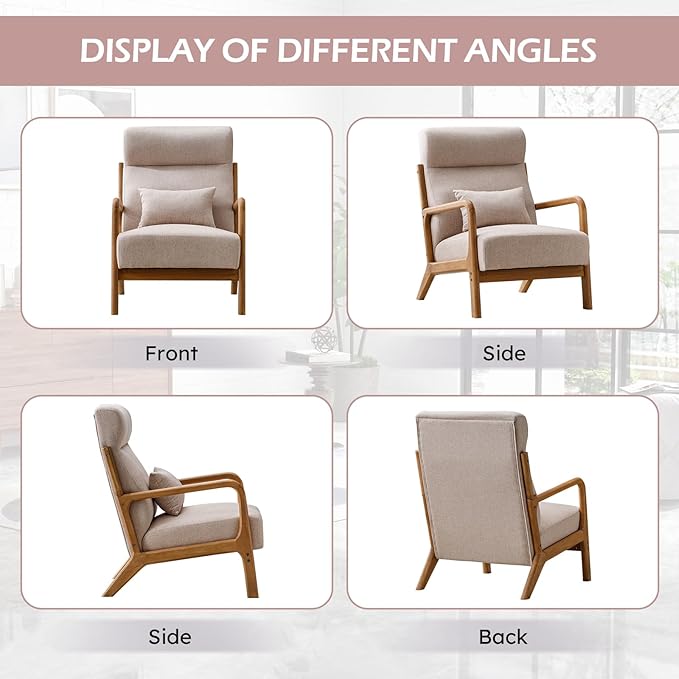 Accent Chair Mid Century Modern Chair Linen Fabric Living Room Chairs with Solid Wood Frame Comfy Upholstered and Lumbar Pillow Reading Side Chair Easy Assembly for Bedroom (2, Beige)