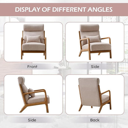 Accent Chair Mid Century Modern Chair Linen Fabric Living Room Chairs with Solid Wood Frame Comfy Upholstered and Lumbar Pillow Reading Side Chair Easy Assembly for Bedroom (1, Beige)