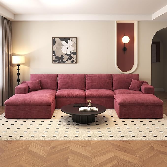 136.6'' U-Shaped Modern Modular Sectional Cloud Couch Whit Ottoman, 4-Seat Chenille Deep-Seat Sofa with Pillow for Living Room, Bedroom, Apartment, Wine Red