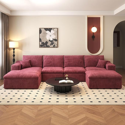 136.6'' U-Shaped Modern Modular Sectional Cloud Couch Whit Ottoman, 4-Seat Chenille Deep-Seat Sofa with Pillow for Living Room, Bedroom, Apartment, Wine Red
