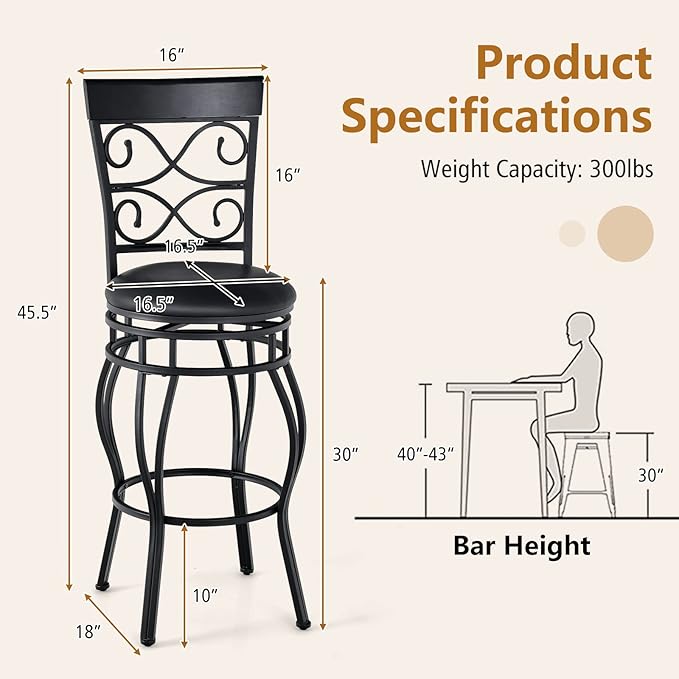COSTWAY Bar Stools Set of 2, 360 Degree Swivel, 30" Bar Height Bar Stools, Leather Padded Seat Bistro Metal Bar Chairs with Back for Kitchen Island, Pub (Set of 2)
