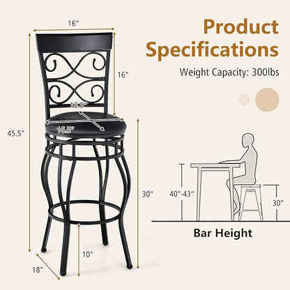 COSTWAY Bar Stools Set of 4, 360 Degree Swivel, 30" Bar Height Bar stools, with Leather Padded Seat Bistro Metal Vintage Chairs with Back for Kitchen Island, Pub (Set of 4)