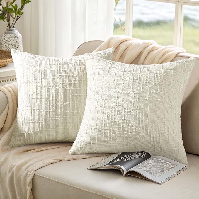 decorUhome Christmas Cream White Chenille Throw Pillow Covers 26x26 Set of 2 Thick Textured Slubby Couch Pillow Covers Farmhouse Accent Modern Neutral Decorative Pillow Cases for Bed Sofa Living Room
