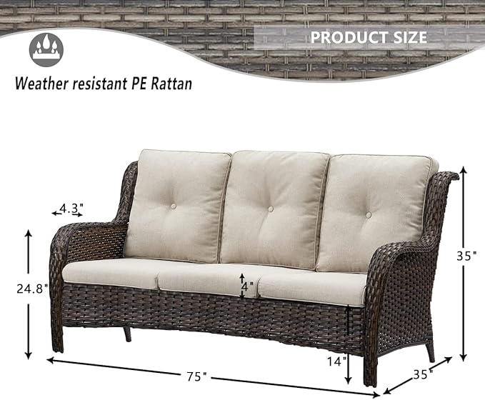HUMMUH 6 Piece Patio Furniture Set PE Wicker Rattan 3-Seat Outdoor Sectional Sofa with Love Seats,Patio Swivel Chairs,Ottomans Conversation Sets for Garden, Poolside, Backyard