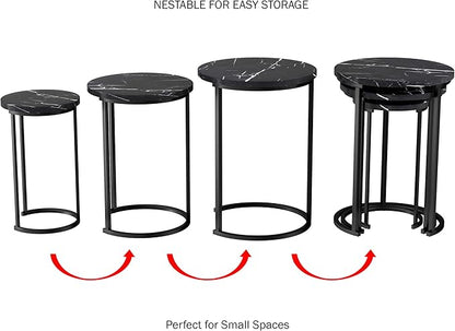 Lavish Home 6-Piece Nesting Table Set – Round Faux Marble Side & End Tables – Modern Space-Saving Accent Furniture for Living Room, Bedroom, Apartment, or Home Office (Black)