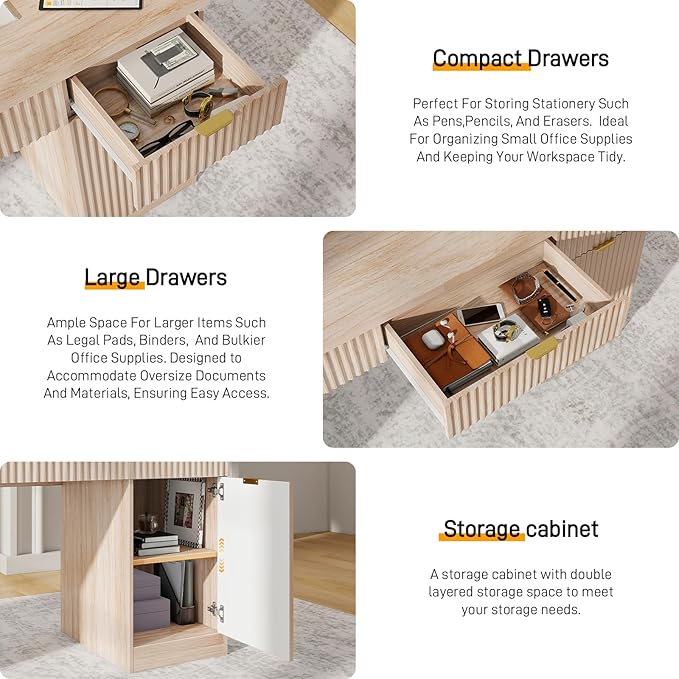 60" Executive Desk with Fluted Drawers, Wood Home Office Desk with Storage Cabinet, Charging Station, Fluted Computer Writing Desk for Study, Living Room, Natural Oak.
