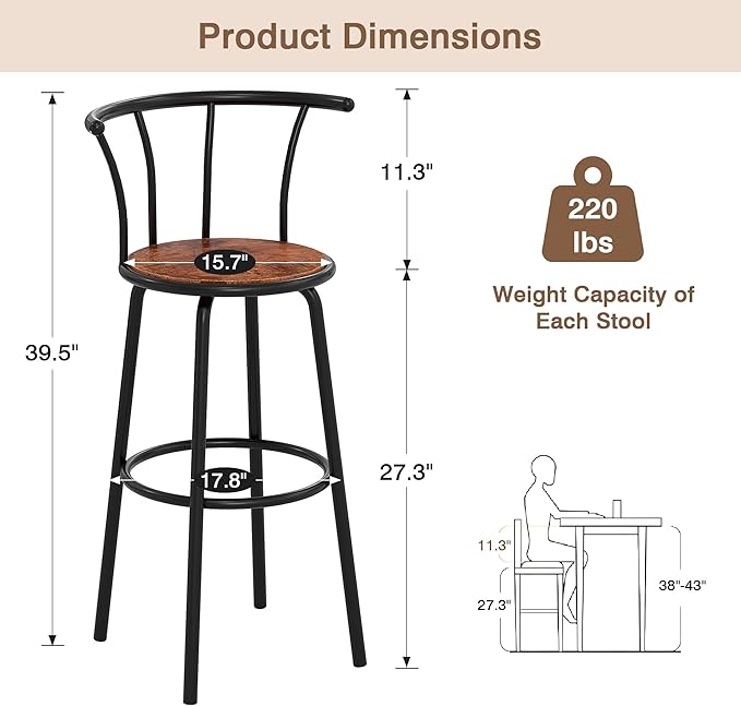 VECELO Bar Stools Set of 2, Swivel Counter Barstools with Backrest, Bar Height Chairs for Dining Room, Kitchen Island, Pub, Easy Assembly, Retro Brown