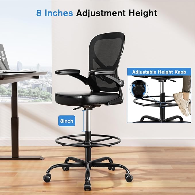 Alolo Drafting Chair,Ergonomic Tall Office Chair with Foot Rest Ring,Executive Leather Office Chair for Counter Height and Standing Desk with Lumbar Support and Flip-up Armrests for Home Office,PU.