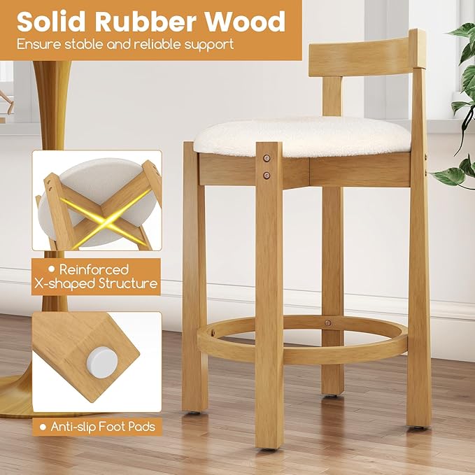 COSTWAY 24'' Counter Height Bar Stools Set of 4, Teddy Velvet Upholstered Bar Chairs with Backrests and Footrests, Wood High Barstools for Kitchen Island and Dining Room (Natural)