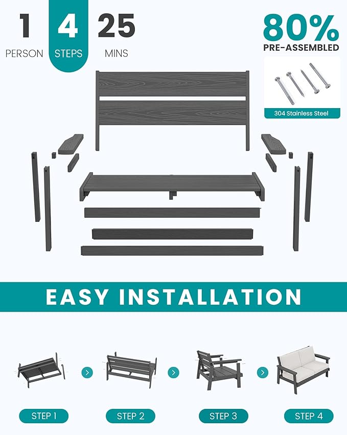 SERWALL HDPE Outdoor Patio Loveseat, Grey Frame and Khaki Cushion