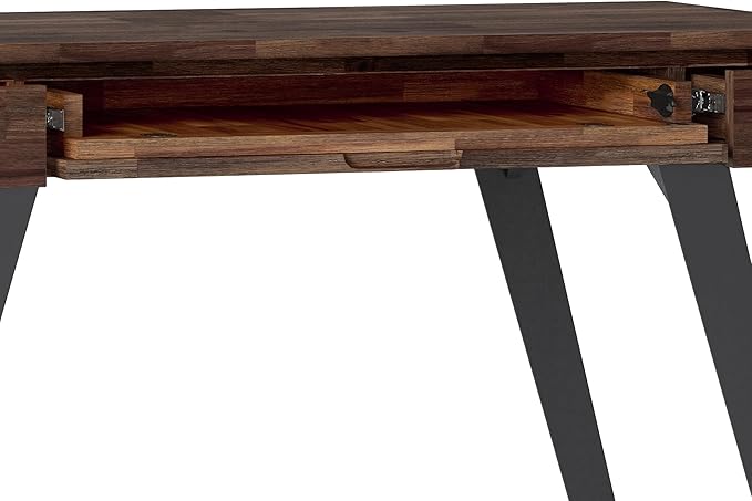 SIMPLIHOME Lowry Small Desk - 44-Inch Wide Solid Acacia Wood and Metal Writing Desk in Distressed Charcoal Brown, Modern Industrial Home Office Table with 2 Drawers and Flip-Down Keyboard Tray