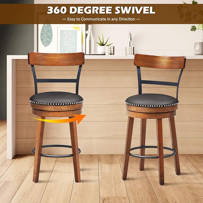 COSTWAY Bar Stools Set of 4, 360-Degree Swivel Stools with Leather Padded Seat, Single Slat Ladder Back & Solid Rubber Wood Legs, Counter Height Stools for Pub, Restaurant, Kitchen, Brown (4, 25.5)
