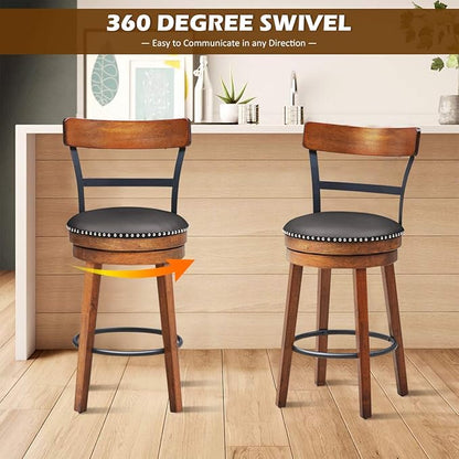 COSTWAY Bar Stools Set of 4, 360-Degree Swivel Stools with Leather Padded Seat, Single Slat Ladder Back & Solid Rubber Wood Legs, Counter Height Stools for Pub, Restaurant, Kitchen, Brown (4, 25.5)