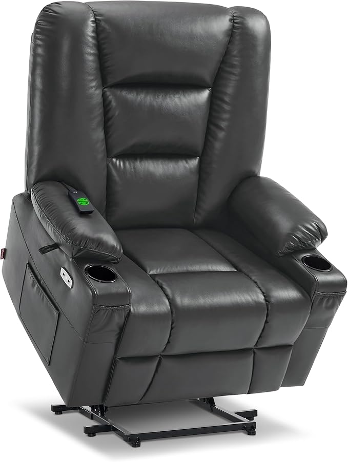 MCombo Oversized Power Lift Recliner Chair with Massage and Heat for Big and Tall Elderly People, Cup Holders, USB Ports, Side Pockets, Faux Leather R7541 (Dark Grey, Large-Oversize)
