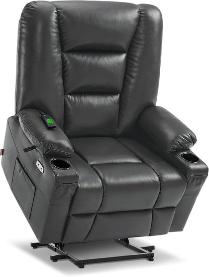 MCombo Oversized Power Lift Recliner Chair with Massage and Heat for Big and Tall Elderly People, Cup Holders, USB Ports, Side Pockets, Faux Leather R7541 (Dark Grey, Large-Oversize)