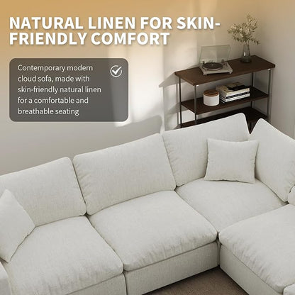 Linen Sleeper Sofa Bed,Modern Sectional Sofa Couch for Living Room,95.4 Inch Cloud Couches Cushion Covers Removable,Cozy Feather Down Sofa for Apartment Cream White