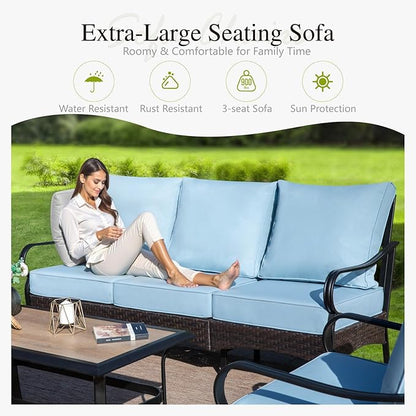 Sophia & William Patio Furniture Set with Fire Pit Table, 4PCS Metal Outdoor Conversation Set with Fire Pit Table, 2 Swivel Chairs,1 Loveseat,3-Seater Couch for Outdoor Seating,Backyard,Porch(Blue)