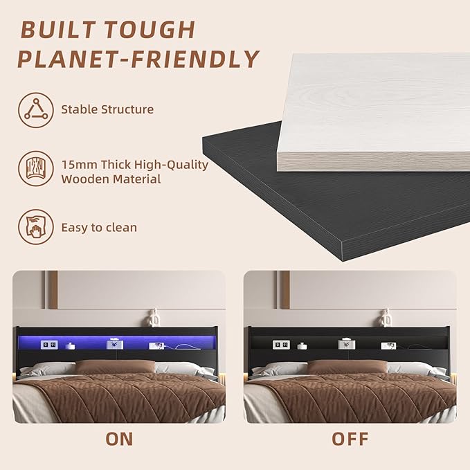 Headboard Only,Modern Headboard with Storage Built-in Power Outlets 2 USB Ports LED Lighting, Gap-Free Wall Design Easy Assembly (Black, Queen (U.S. Standard))