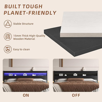 Modern Wooden Headboard Only with Storage,Wall Mount Bed Backboard with LED Light Power Outlets 2 USB Ports for Bedroom (Black, King)