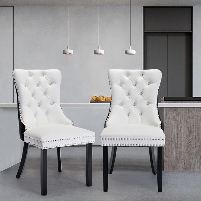 Leather Upholstered Dining Chairs Set of 2, Modern Style Kitchen Side Chairs with Nailhead Trim and Wood Leg, Metal Pulling Ring for Dining Room Living Room(Black&White,Set of 2)