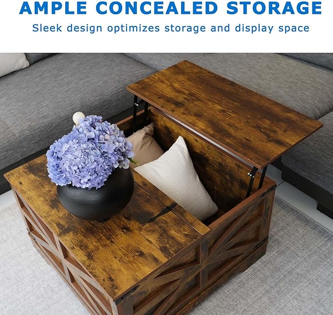 Lift Top Coffee Table, 31.5" Square Coffee Table with Storage, Farmhouse Coffee Tables for Living Room, Cocktail Tables with Large Hidden Compartment, Rustic Brown