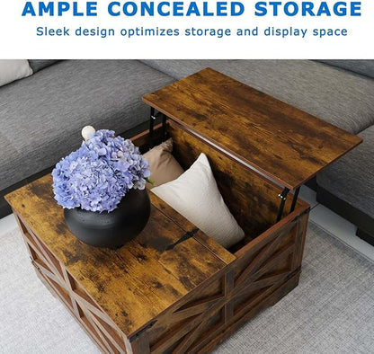 Lift Top Coffee Table, 31.5" Square Coffee Table with Storage, Farmhouse Coffee Tables for Living Room, Cocktail Tables with Large Hidden Compartment, Rustic Brown
