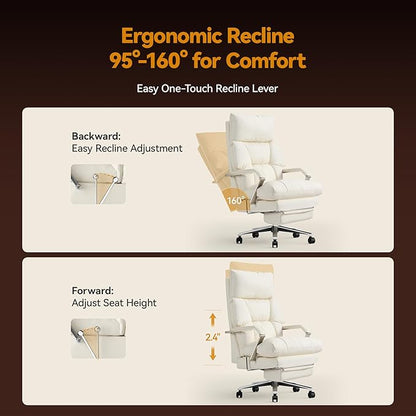 Reclining Office Chair with Footrest - 25.6" Wide Seat & Adjustable Seat Depth, Big and Tall High Back Leather Executive Home Office Desk Chair 400lbs, Cream