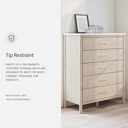 Signature Design by Ashley Cadmori Bohemian 5-Drawer Chest of Drawers with Safety Stop and Post Legs, White & Light Brown