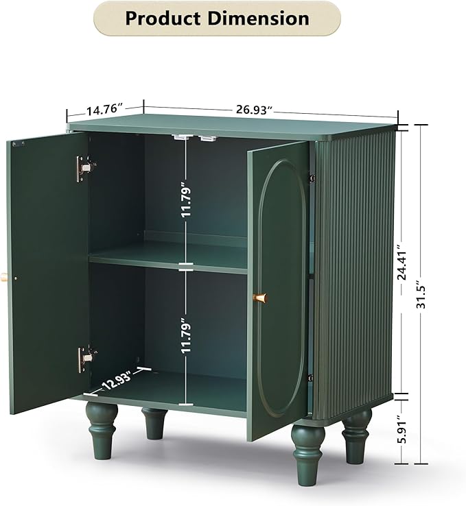 ORRD Fluted Storage Cabinet, Modern Credenza Wooden Accent Sideboard Buffet Cabinet Set of 2 with Adjustable Shelves and Solid Wood Legs, Console Table for Kitchen Dining Living Room Entryway, Green