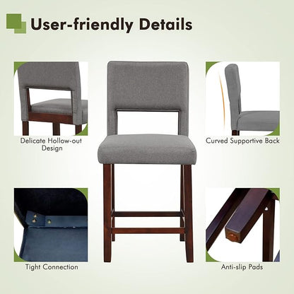 COSTWAY Bar Stools Set of 4, Linen 24.5 Inch Counter Height Chairs with Hollowed Backs, Rubber Wood Legs, Upholstered Barstools for Kitchen Island Home Bar Pub Dining Room, Beige