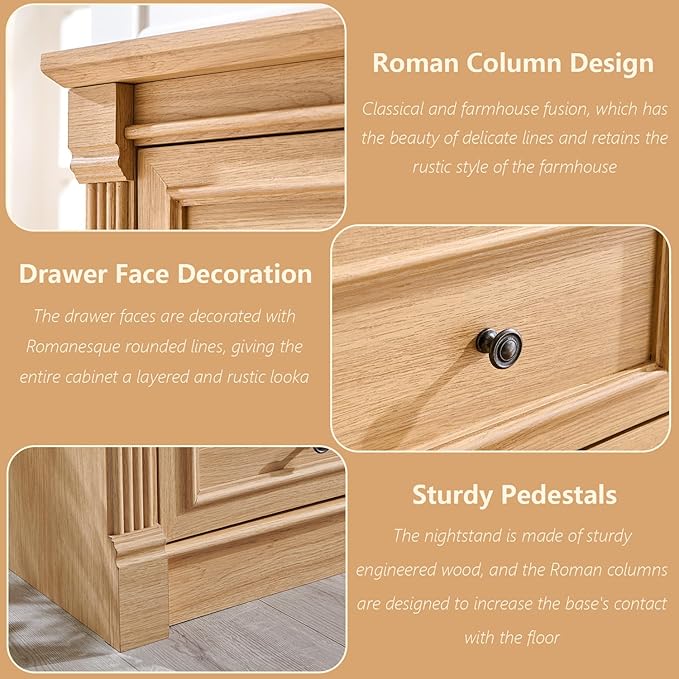 5 Drawers Dresser for Bedroom, Farmhouse 46" Tall Dressers & Chests of Drawers w/Roman Column, Wood Rustic Closet Dresser w/Two Different Drawer Sizes for Bedroom, Living Room, Natrual