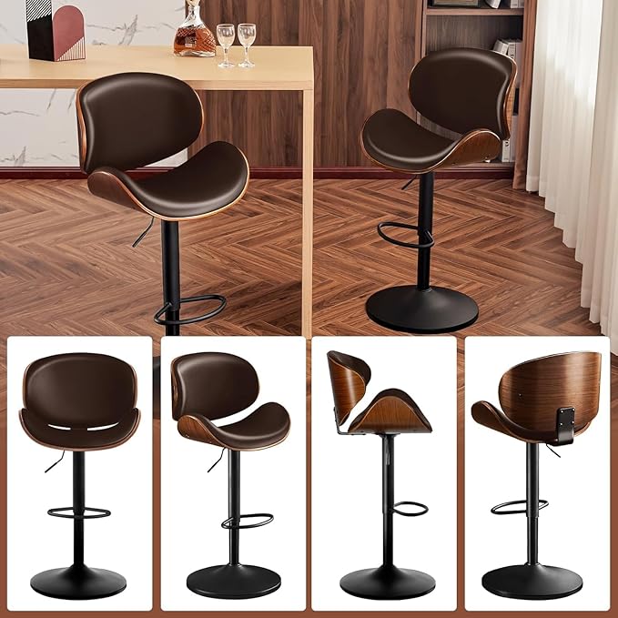 Furniliving Bar Stools Set of 4, Adjustable Height Swivel Bentwood Barstools, Upholstered Bar Chairs with Footrest, Ergonomic Modern Bar Stools for Dining Room, Kitchen, Bar, Brown, PU