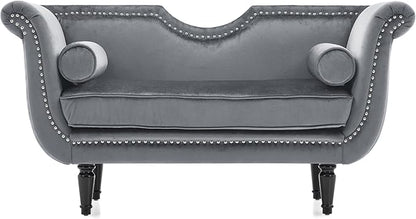 Christopher Knight Home Aurora Velvet Chaise Lounge Indoor with 2 Bolster Pillows, Upholstery Entryway Bench with Nailhead Trim & Curved Arms, End of Bed Bench Ottoman and Wooden Legs, Grey