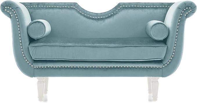 Christopher Knight Home Aurora Velvet Chaise Lounge Indoor with 2 Bolster Pillows, Upholstery Entryway Bench with Nailhead Trim & Curved Arms, End of Bed Bench Ottoman and Wooden Legs, Light Blue